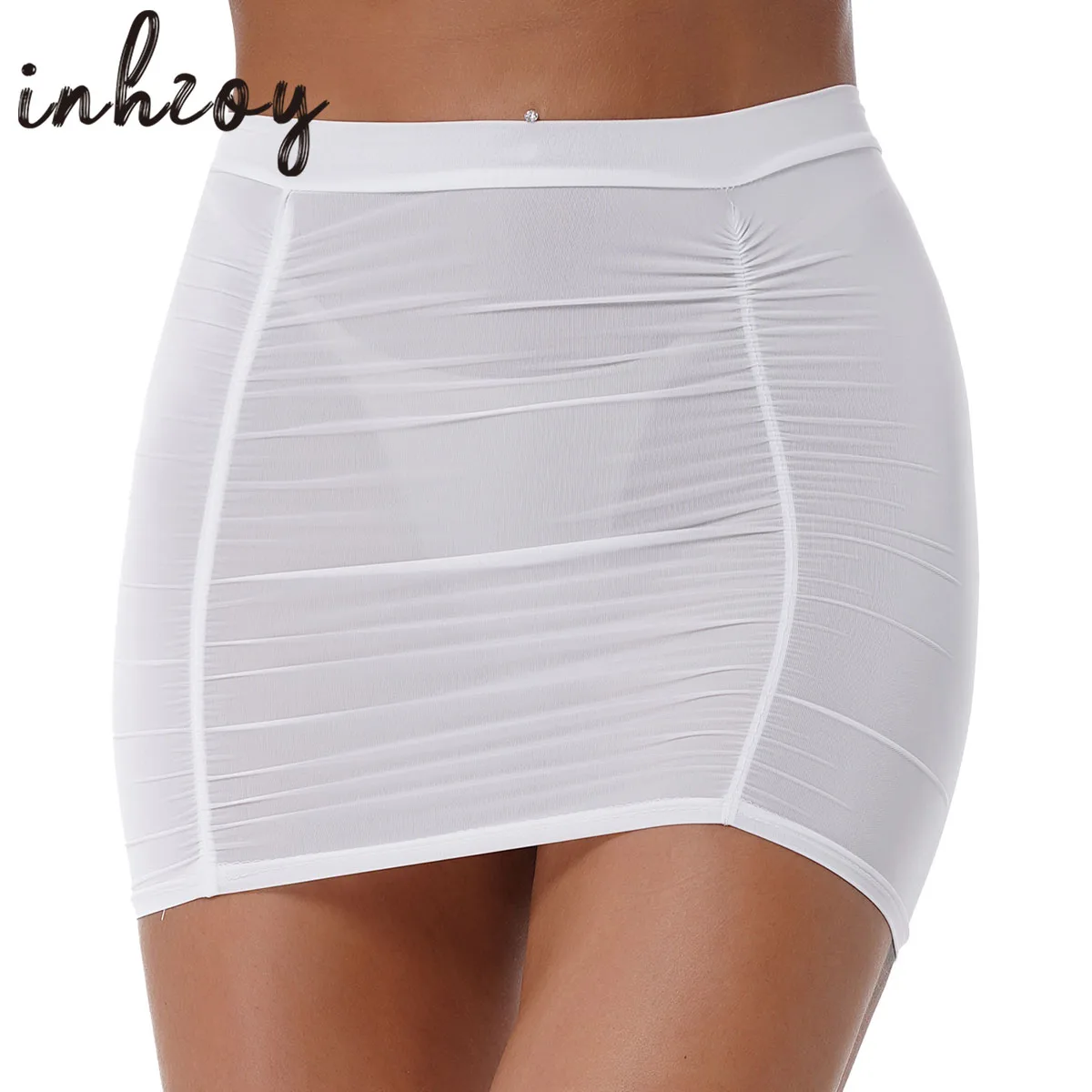 

Womens Stretchy Pencil Skirt Sexy Mid Waist Shirring Miniskirt Elastic Mesh See-through Ruched Underskirt Rave Party Clubwear