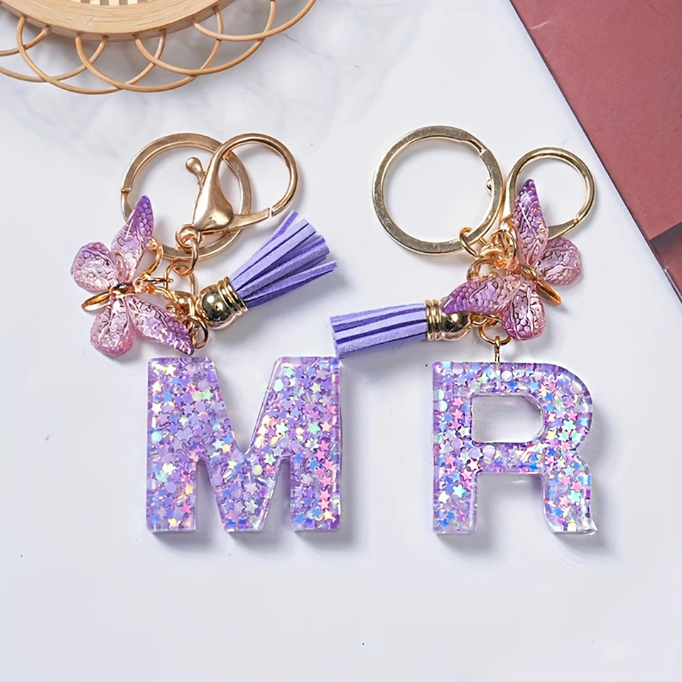 Portachiavi Con Iniziale Nappa In Resina Rosa Viola | Ciondolo Personalizzato Per Borsa E Accessori Donna