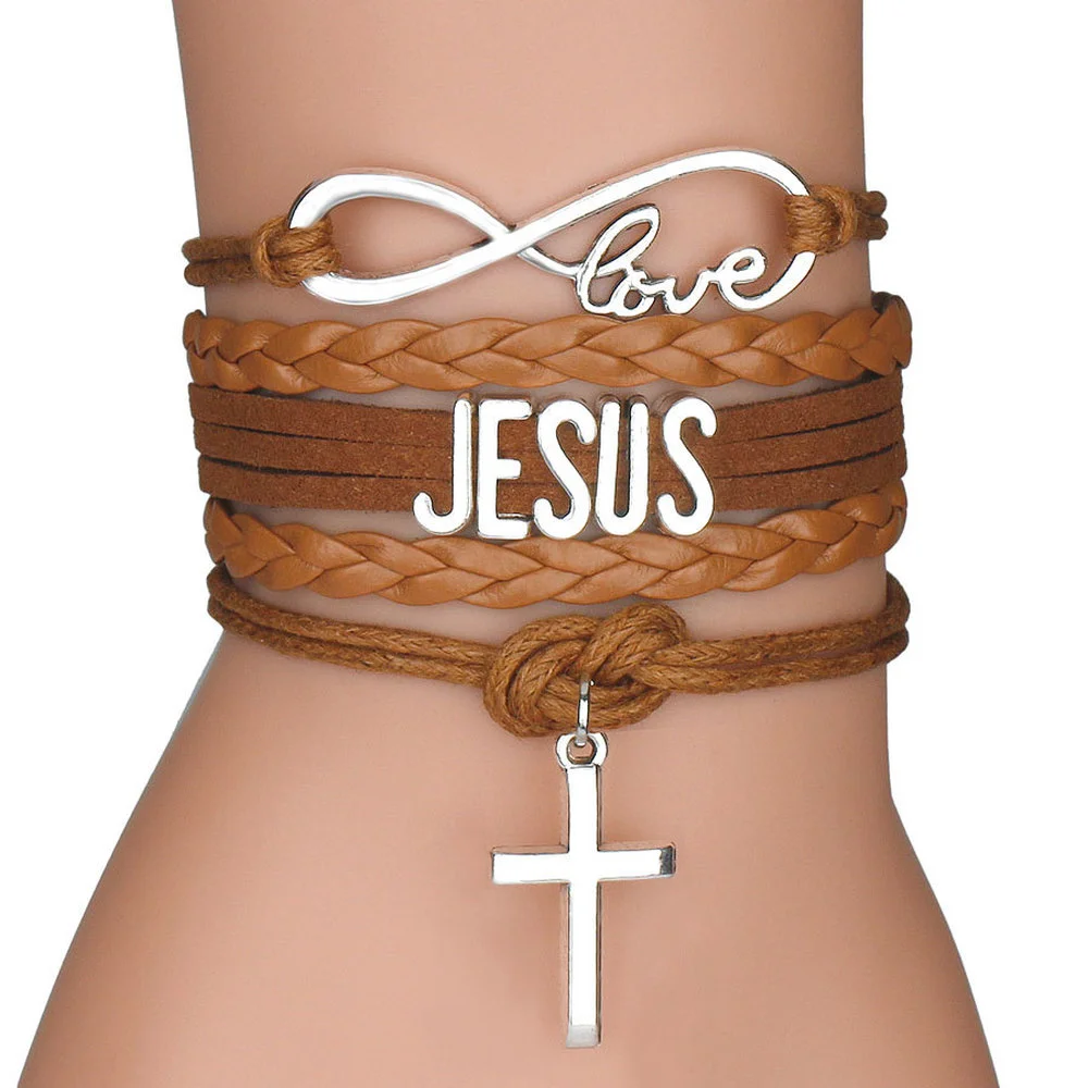 Mixed Color Rope Bracelet Infinity Love Jesus Christian Cross God Charms Pendants Leather Bracelet Unisex Jesus Jewelry 2