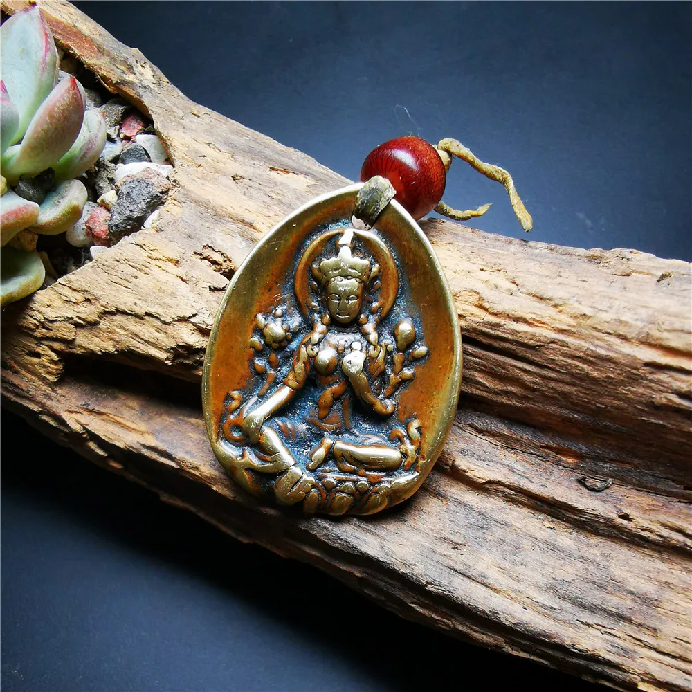 

Gandhanra Antique Tibetan Buddhist Protective Amulet,Green Tara Pendant,Jetsun Dolma Badge,Handmade by Tibetan artisans