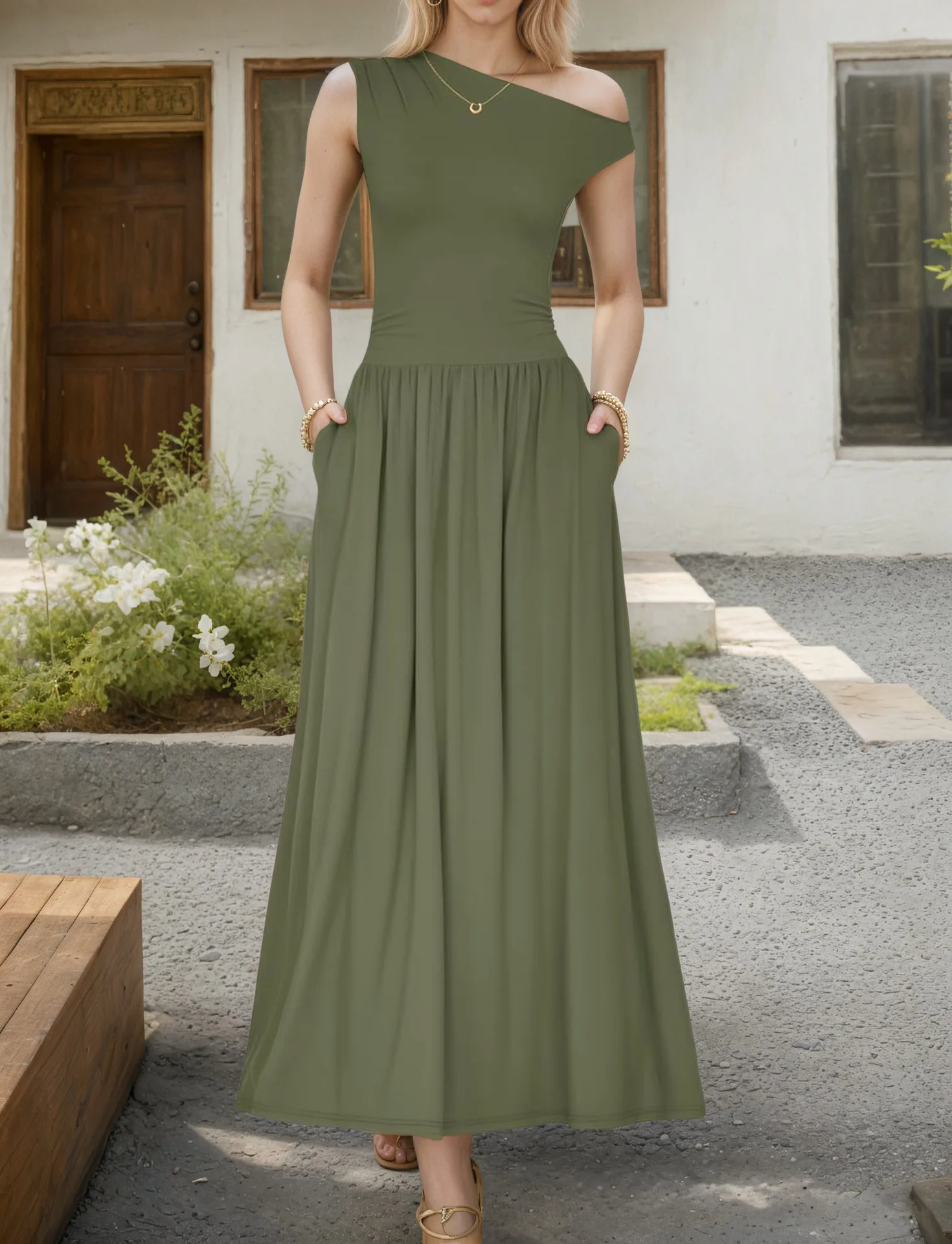 Ladies' Sloping Shoulder Pocket Dress 2025 Summer New Style Temperament Slim Fit Sleeveless Solid Color Long Skirt A-line Skirt picture