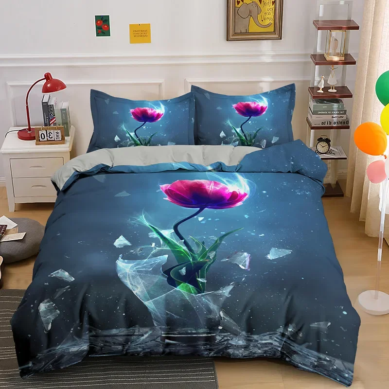 Red Rose King Queen Duvet Cover Romantic Flowers Bedding Set For Kids Teens Adults Girly 3D Floral Black Soft 2/3pcs Quilt Cover