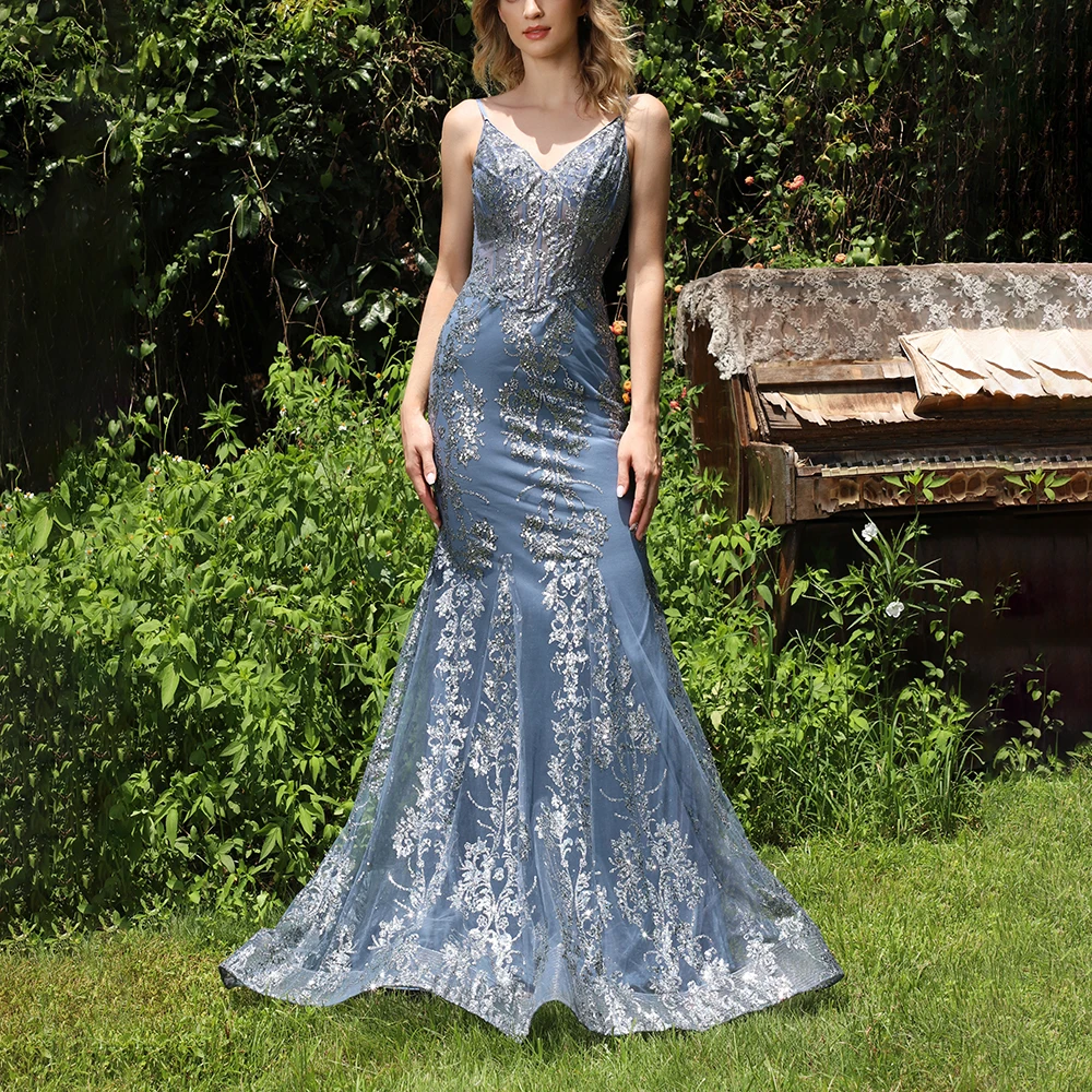 

Blue V Neck Spaghetti Strap Mermaid Glitter Metallic Formal Prom Dresses Evening Gowns For Wedding Guest Wear Robe De Soiree