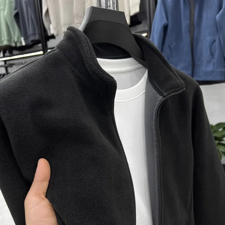 Men's Autumn Winter American Sle Fce Lined Zipper Long Sve Hoodie Open Cardigan Loose Fit Large Size Stand Collar Jaet