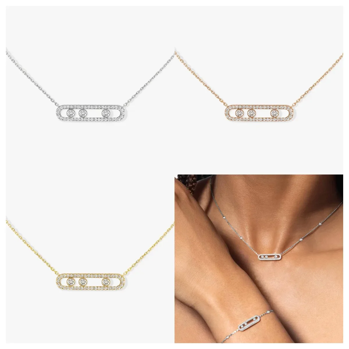 

S925 Sterling Silver Three Diamond Move Necklaces Elegant Fashion Light Luxury Jewelry Wedding Party Gift