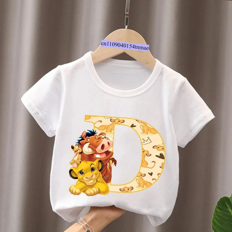 The Lion King Cute Simba Letter A B C Name Print Kids T-Shirts Girls Clothes Baby Boys Short Sleeve T Shirt Summer Children Tops 5