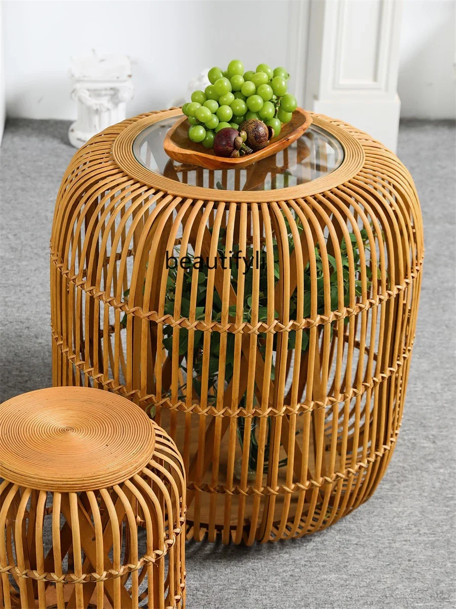 

Rattan Japanese Handmade Rattan Stool Living Room Balcony Home B & B Glass Height round Table Coffee Table