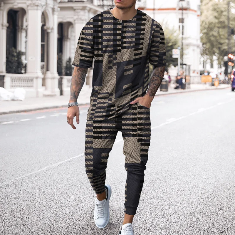 

Vintage 3D Printed Short-sleeved T-shirt Trousers Casual Breathable 2 Piece Sets Sport Tshirts Joogers Harajuku Men's Tracksuit
