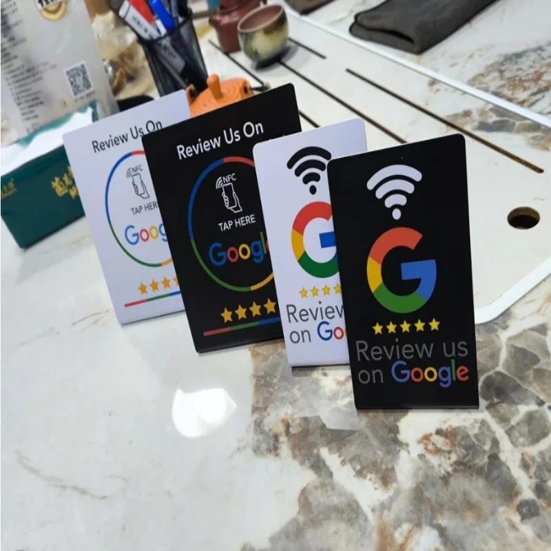 13.56Mhz programmable Google Review Card NFC station table NFC Google Reviews display bending card standing brand bracket 2