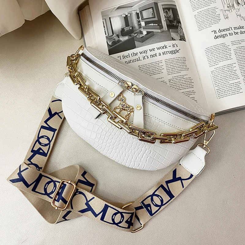 Women Waist Bag Fashionable Luxury Niche PU Leather Crocodile Pattern Single Chain Zipper for Commuting