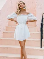 Elegant lace lace-up short dresses Off shoulder sexy white woman dress Summer holiday fashion design dress  new