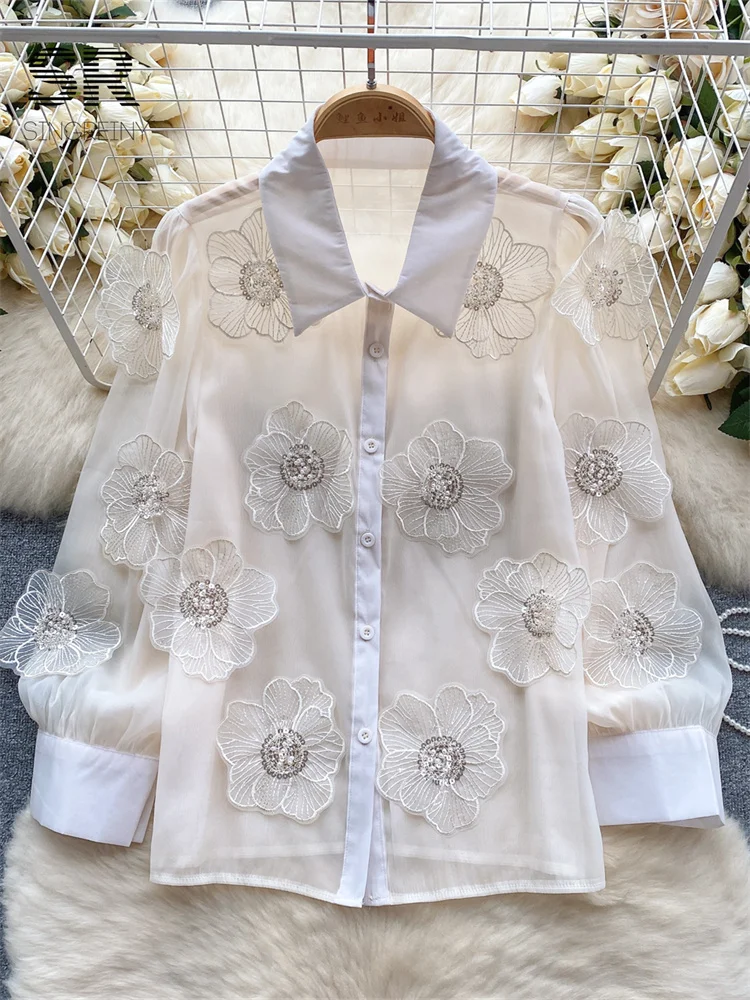 SINGREINY Tie Flower Sequins Loose Shirt Women Elegant