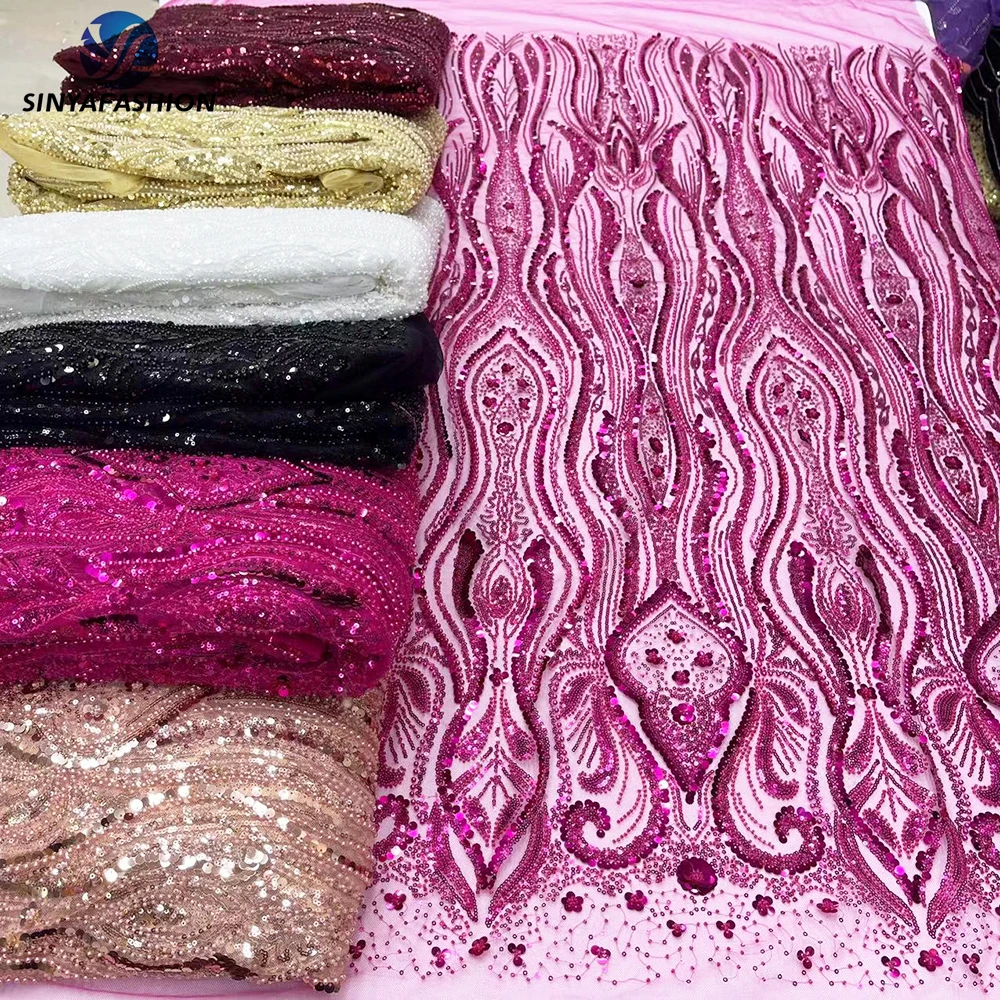 

Sinya Wine Gold White Black Fuchsia Peach African 3D Sequins Lace Fabric 2024 High Quality Heavy Beaded Embroidery Luxury Lace