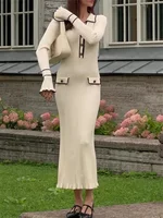 REALEFT Autumn Winter Elegant Knitted Long Ruffles Dressres 2025 New High Waist Buttons Turn-down Collar Sweater Dresses Female - Image 3