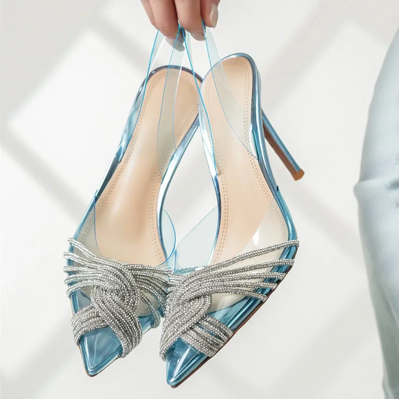 Women Slingback High Heels Shoes 10cm Thin Sandals Transparent PVC Rhinestone Gladiator for Summer Party Prom women slingback sandals women high heels shoes