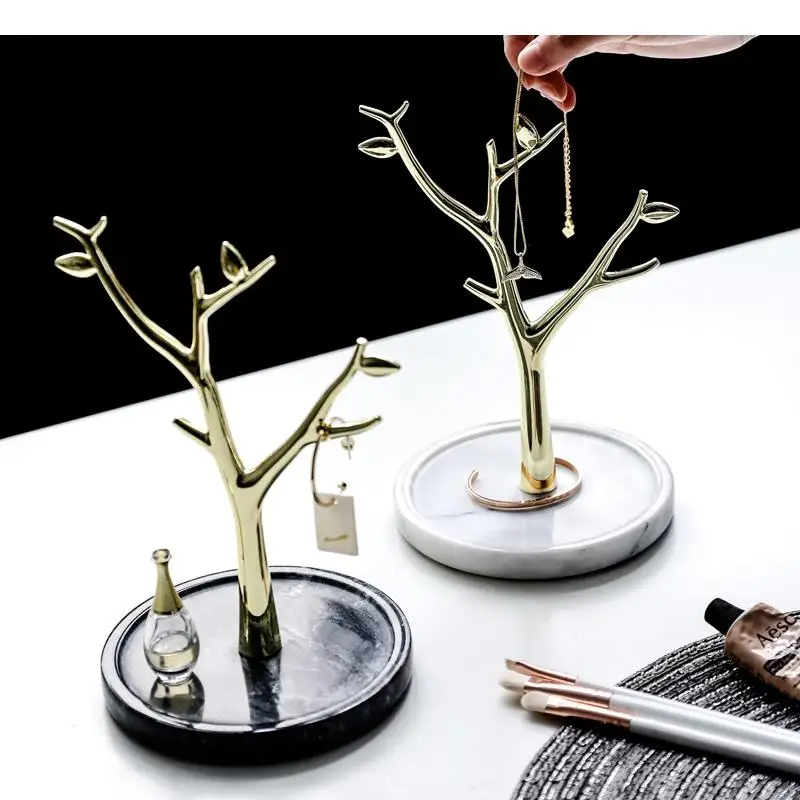 

Zinc Alloy Storage Racks Marble Base Jewelry Stands Household Desktop Branch Shape Ring Jewelry Storage Holders Bathroom Shelves