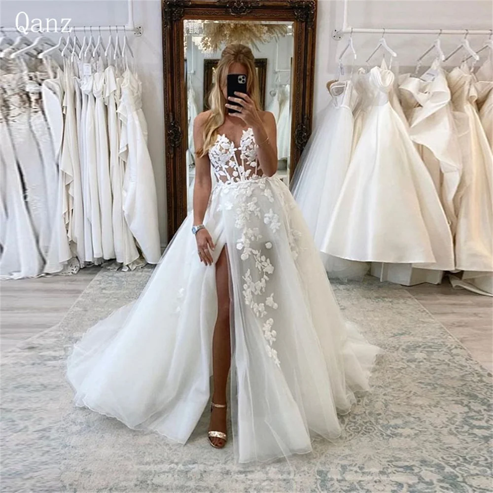 

Qanz Fairy Tulle Lace Appliques Wedding Dress A Line Elegant Sweetheart Corset Back Custom Slit Bridal Gowns Vestidos De Novia