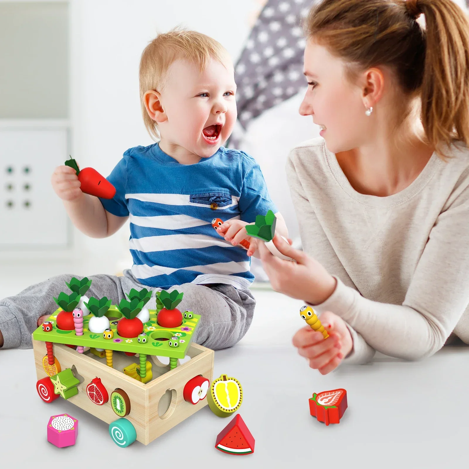 6-In-1 Kids Wooden Shape Assortment Matching Toys Carrot Fruit Game Cart Montessori Toys Puzzle Educational Baby Building Blocks 5