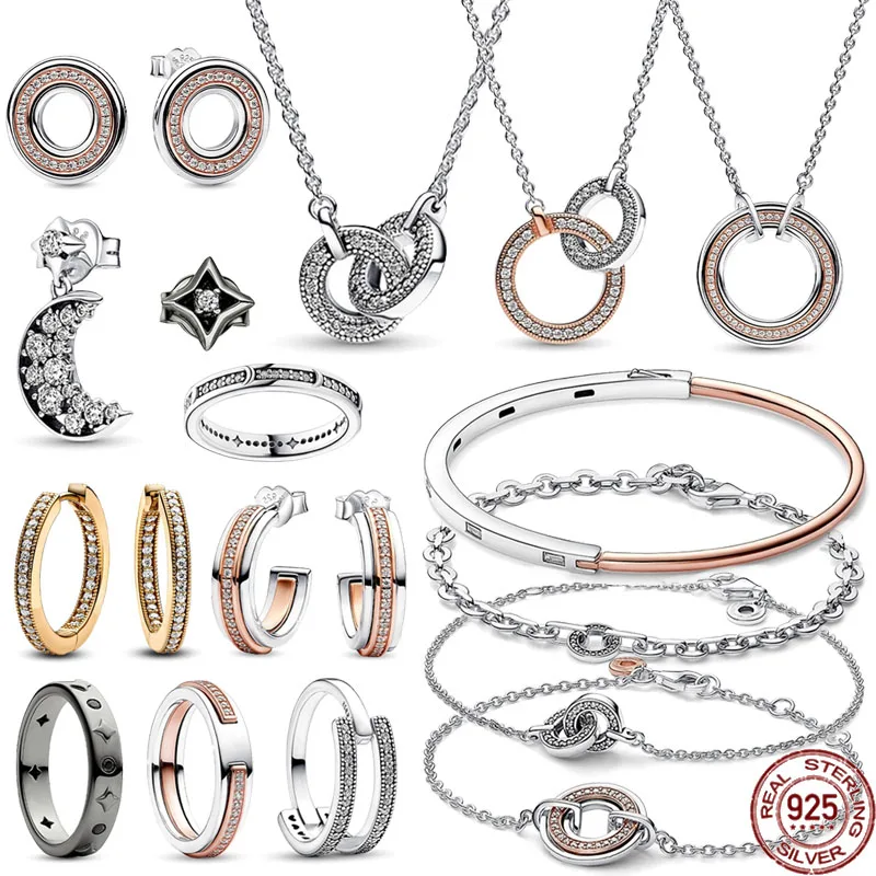 

Женское ювелирное изделие из серебра 925 пробы, классический двухцветный Круглый комплект, изысканное ослепительное ожерелье, браслет, очаровательные модные ювелирные изделия в подарок
