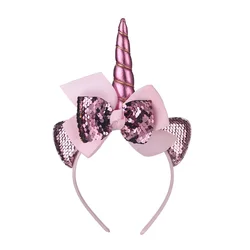 Unicorn Sequin Ribbon Bow Hairband for Kids - Cute Party & Photography Prop (Pink)