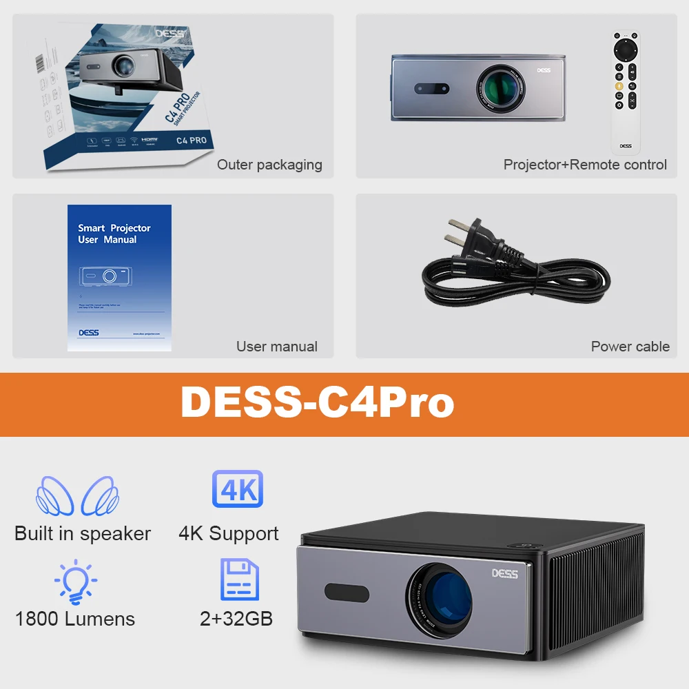 جهاز عرض فيديو DESS C4Pro 4k مزدوج واي فاي 1800Lum...