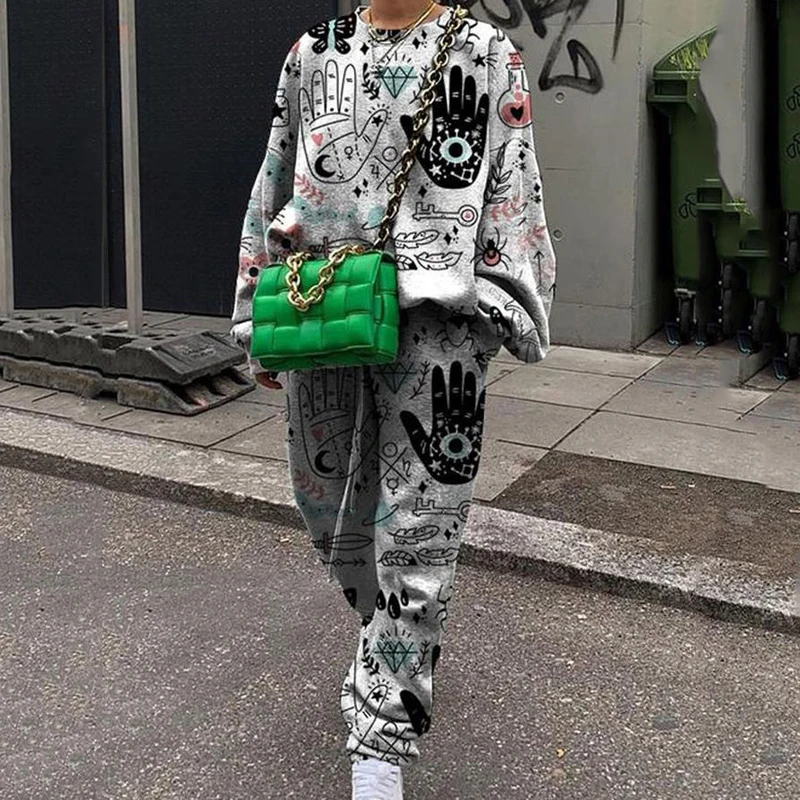Women Casual Sport Suit Fashion Harajuku Print O Neck Tops And Pencil Pants Set Autumn Hooded Sweatshirt Tracksuit Two Piece Set 2