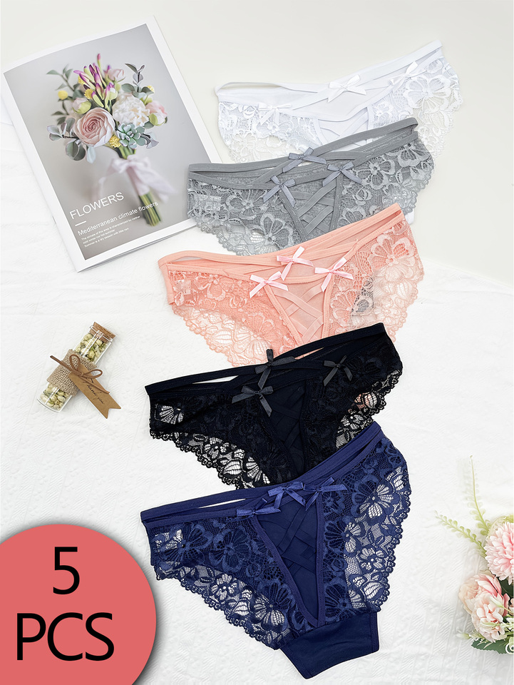 5-piece French lace bow cross sexy briefs, light luxury, comfortable and cute women's underwear