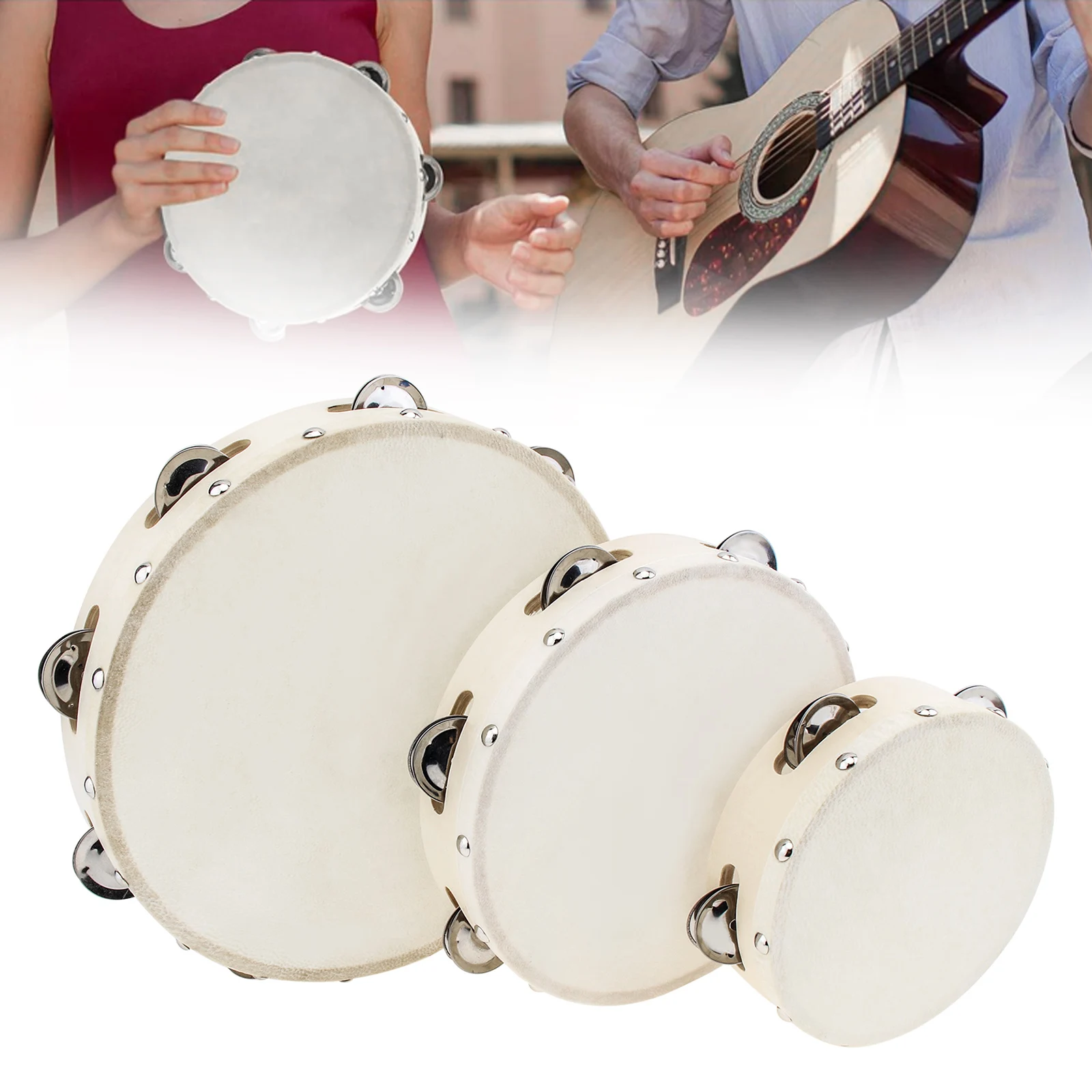 6 / 8 / 10 inch Wood Hand Held Tambourine Drum for Church Party KTV with Sheepskin Drumhead, Single Row Musical Instrument Tools