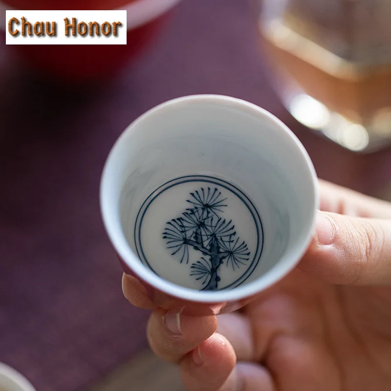 2pc/set Boutique Pure Hand Painted Pine Art Ceramic Teacups Chinese Sample Tea Cup Household Kung Fu Tea Single Master Cups 30ml