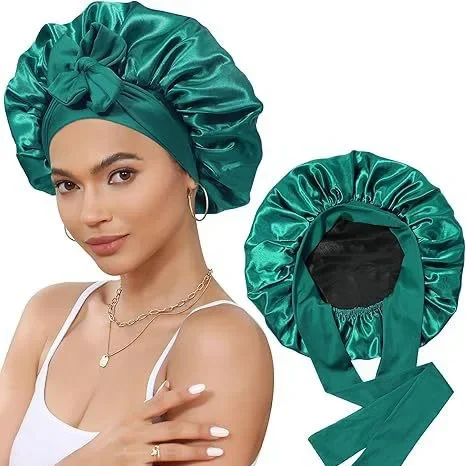 Women Double Layer Satin Sleep Cap with Ribbon Bow Wide Brim Bonnets Hair Care Scarf for Beauty Reversible Head Cover Night Hat 4