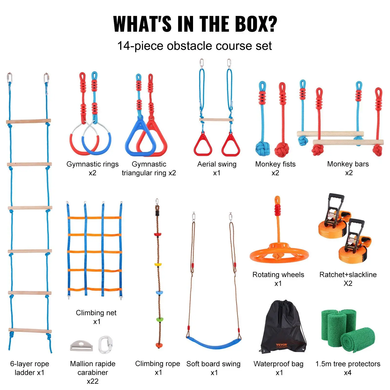 Outdoor Playset Equipment 2 x 60 ft Weatherproof Slacklines Ninja Warrior Obstacle Course for Kids 6