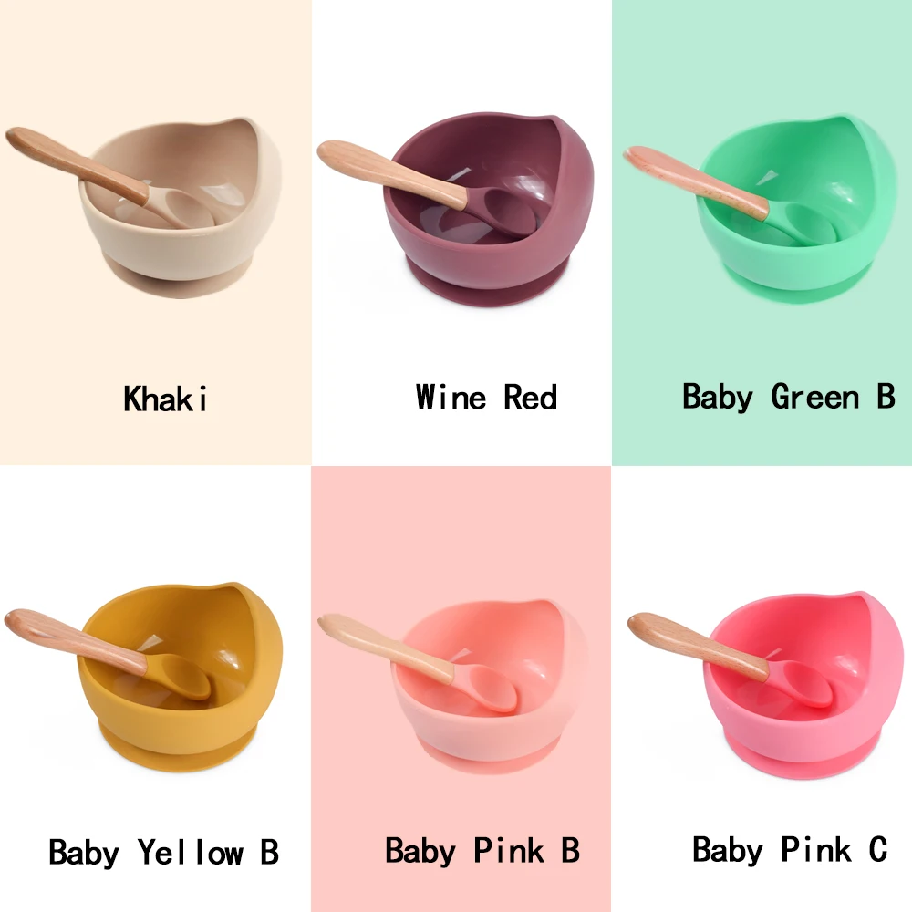 Baby Silicone Bowl Set BPA Free Non-slip Children's Suction Bowl Wooden Handle Silicone Spoon Food Grade Waterproof Tableware