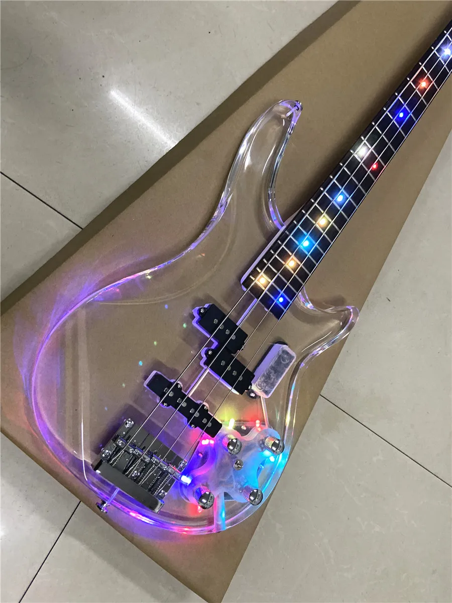 High quality acrylic crystal transparent Plexiglass 4 string electric bass color led lights Free shipping