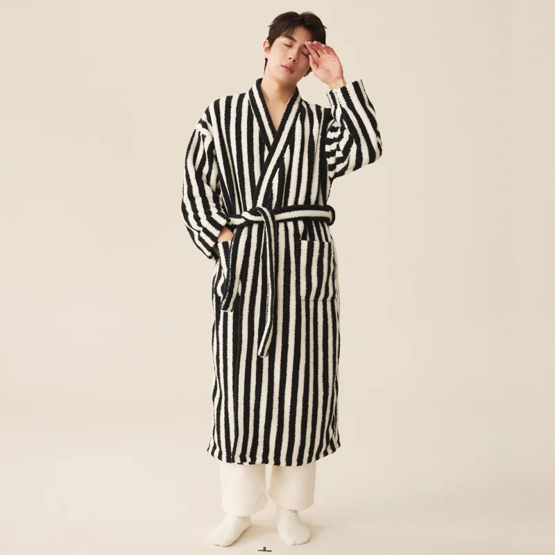 Thickened Flannel Robe Pants Pajamas Set Autumn Winter New Couple Coral Velvet Women Men Bathrobe Striped Lengthed Home Clothes women sleepwear sleepwear pajamas