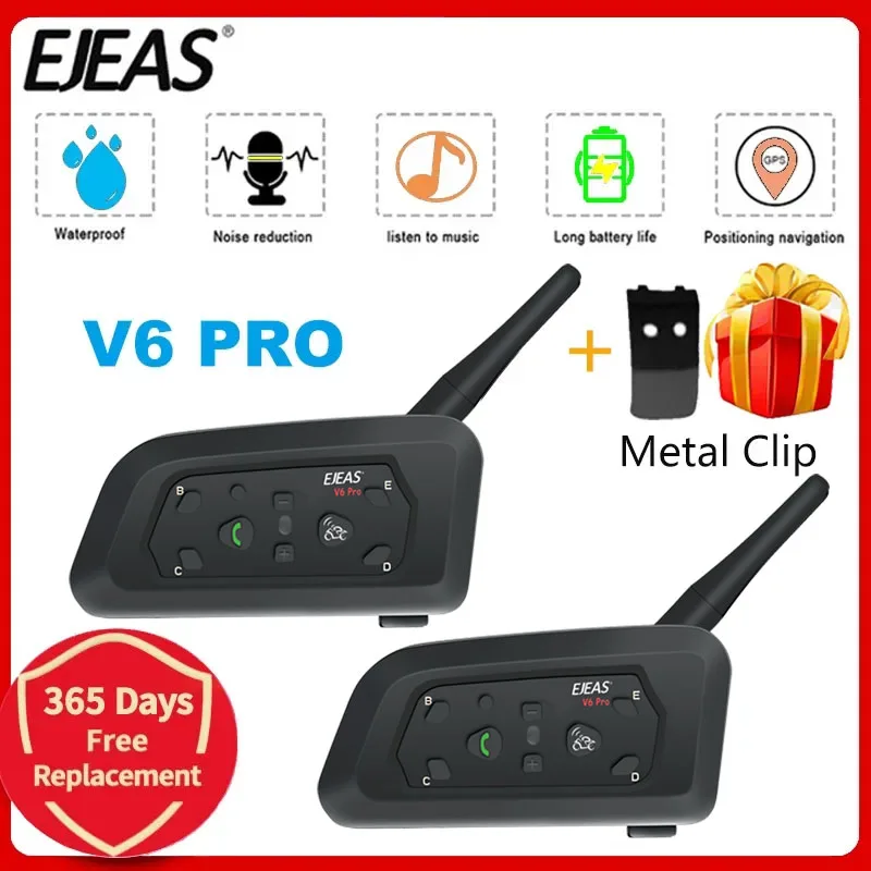 EJEAS V6 PRO 850mAh Bluetooth Motorcycle Intercom Helmet Headset Waterproof  6 Riders 1200m Motorbike Communicator Ear Interphone