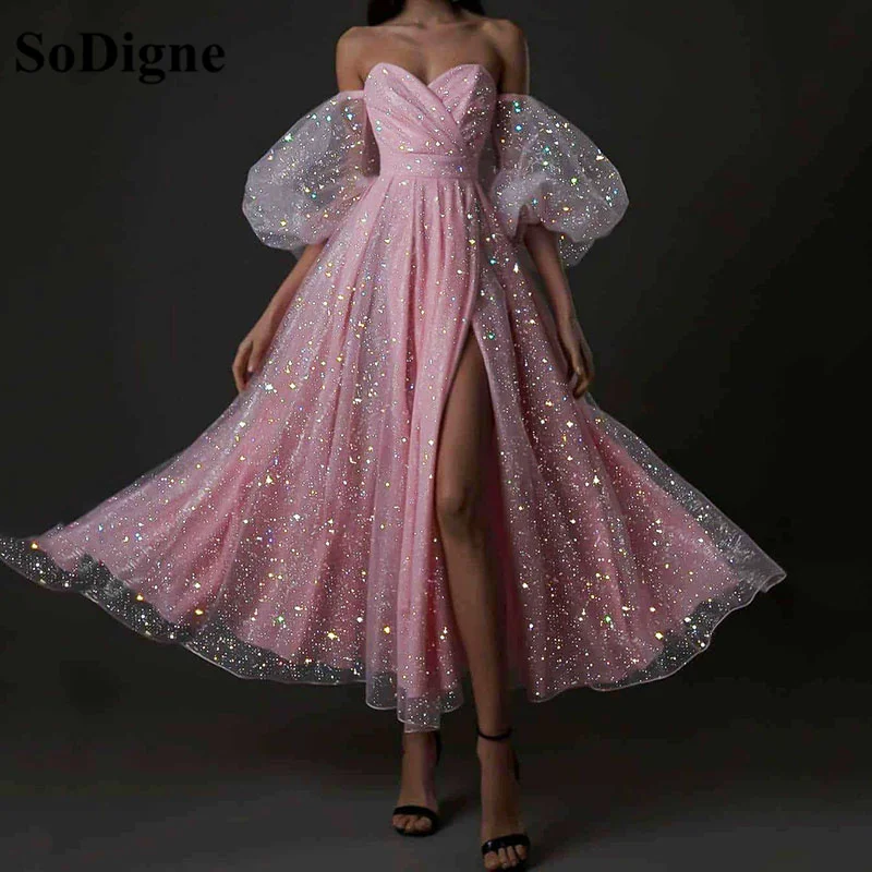 SoDigne Shining Dusty Pink Evening Dresses Puff Sleeves Side Split Prom Gowns Tea Length Formal Party Dresses Customized