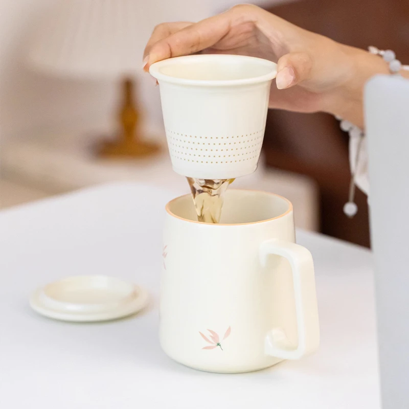Chinese Style Ceramic Mugs, Home Personal Office Creative Teacup With Cover, Filtered Tea Water Separation, Tea Cups, 400ml, 1Pc
