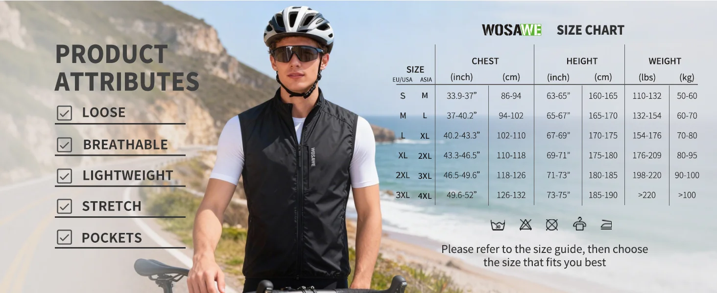 WOSAWE Herren Fahrradweste Damen Ärmellose Weste MTB Rennrad Trikot Leichte Winddichte Atmungsaktive Fahrradweste mit Brusttasche – Detail 1