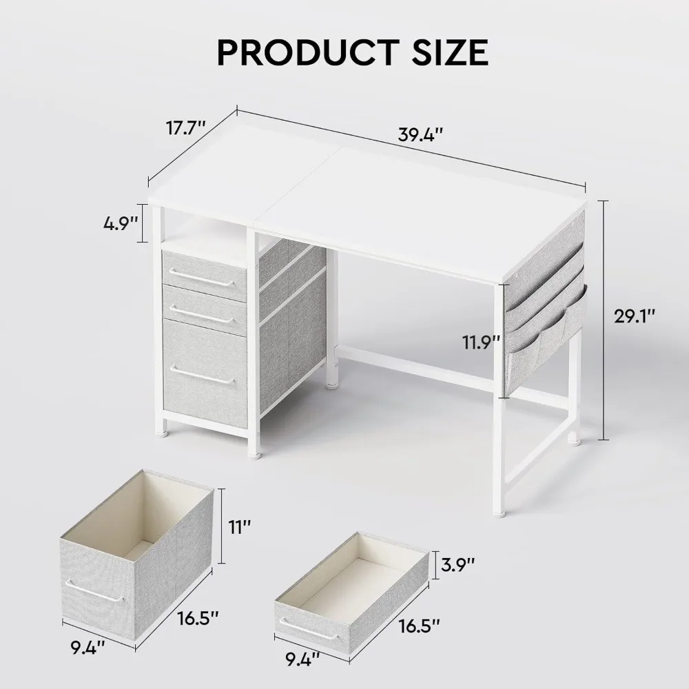Small Desk with Drawers, 40 inch Computer Desk with Shelves, Writing with Storage, Small Office with Metal Frame 3
