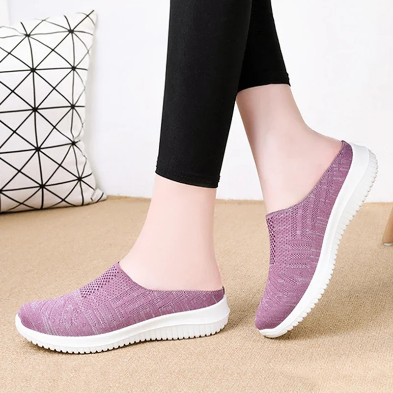 2025 New Breathable Knitted Half Slippers Women Lightweight Soft Sole Casual Flats Woman Comfort Slip On Walking Shoes Female