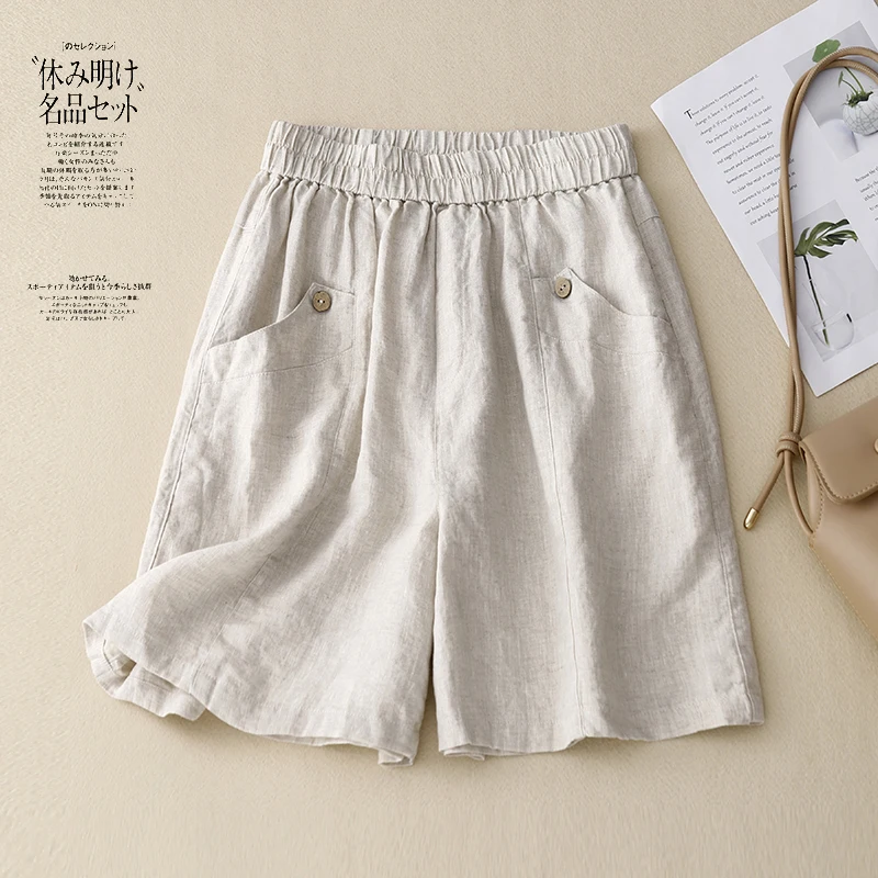 

Limiguyue Cotton Linen Shorts Women Elastic Waist Pockets Wide Legs Half Pants Casual Summer Trousers Pockets Breathable U647