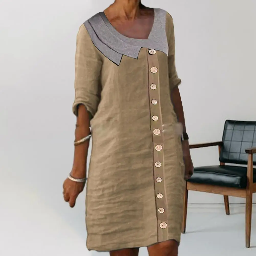 

Women Dress Beach Leisure Dress Stylish Beach Party Dress Vibrant Patchwork Print Lapel V-neck Loose Fit for Summer Leisure
