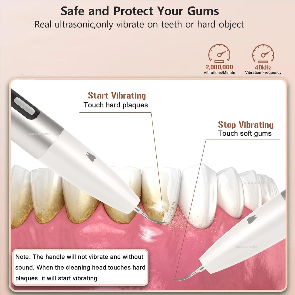 Ultrasonic Dental Plaque Remover demonstrates the plaque removal effect on teeth, highlighting its safety features and gentle on gums protection.