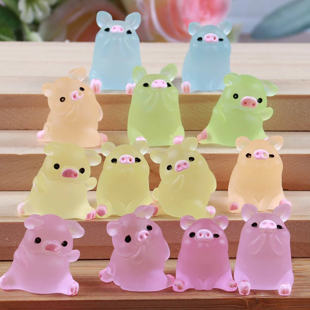 10/5pcs Kawaii Mini Resin Pig Cartoon Pigs Miniatures Terrarium Figurines  Luminous Ornaments Car Home Decoration Accessories