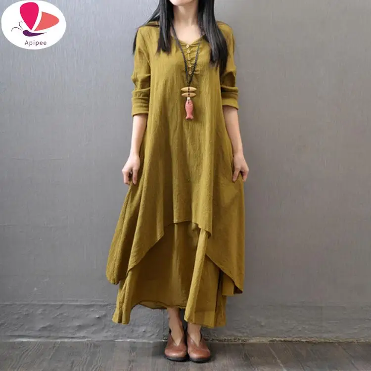 

Women Vintage Baggy Dress Loose Long Sleeve Cotton Linen Summer Dress Long Large Button V-Neck Elegant Maxi Dress