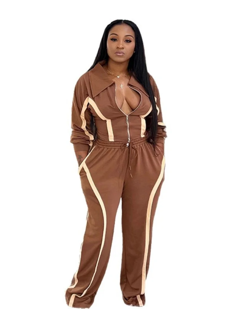 Wmstar Women's Fall and Winter Color Blocking Long Sleeved Cardigan Sporty Two Piece Fashionable Casual Set New Style 2025