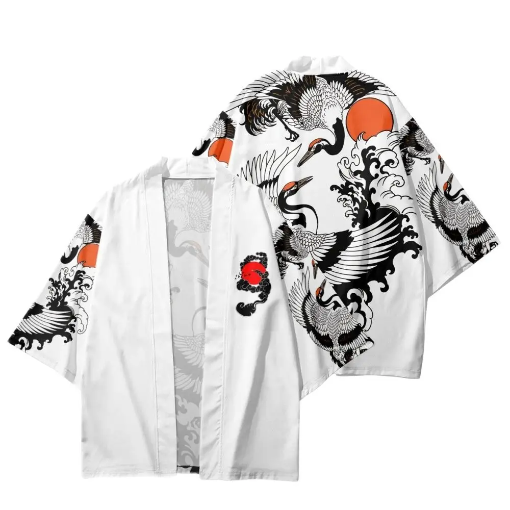 

Japan Crane Printed White Men Women Cardigan Cosplay Yukata Streetwear Loose Japanese Kimono Beach Shorts Shirt Haori