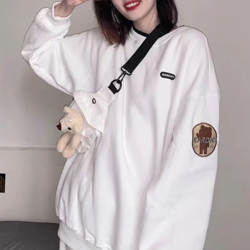 Women Cute Black Sweatshirt Fashion Streetwear Tops with Bag Korean Style White Pullover Kawaii Harajuku Loose BF Jumper Female