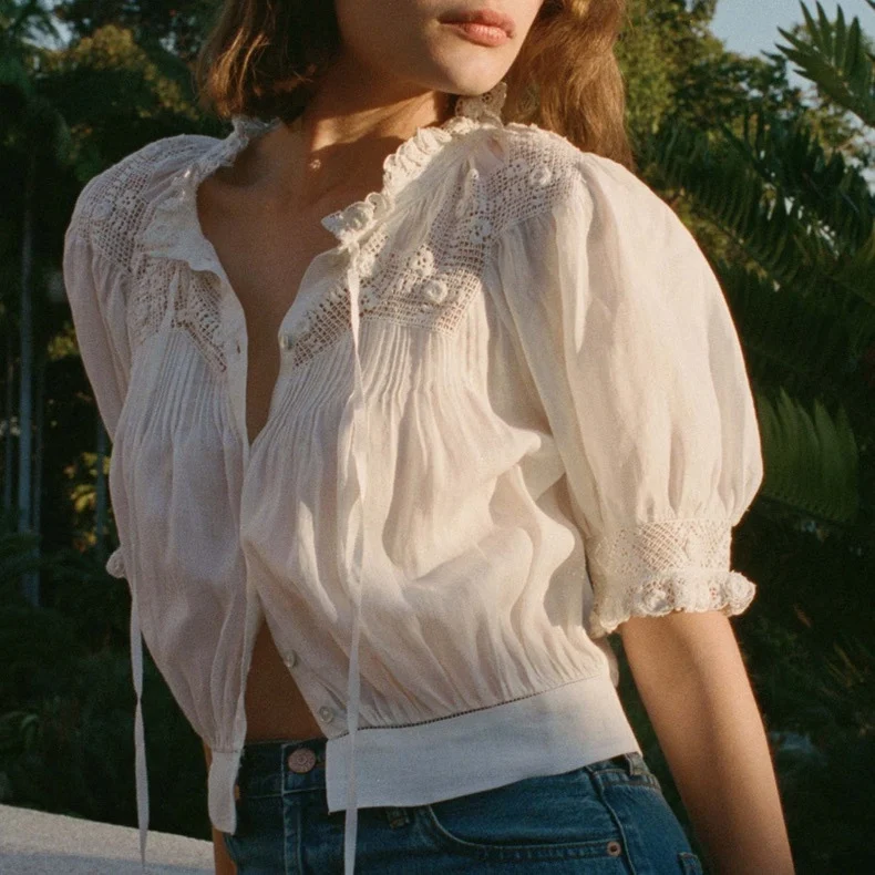 

Women Shirt Lace Embroidery Stitching Single Breasted Puff Short Sleeve Blouse