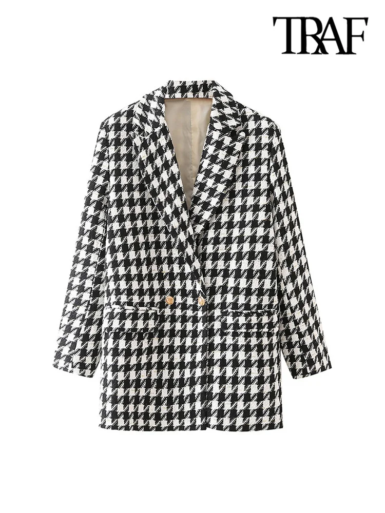 

TRAF Women Fashion Houndstooth Tweed Blazer Coat Vintage Long Sleeve Flap Pockets Female Outerwear Chic Veste Femme